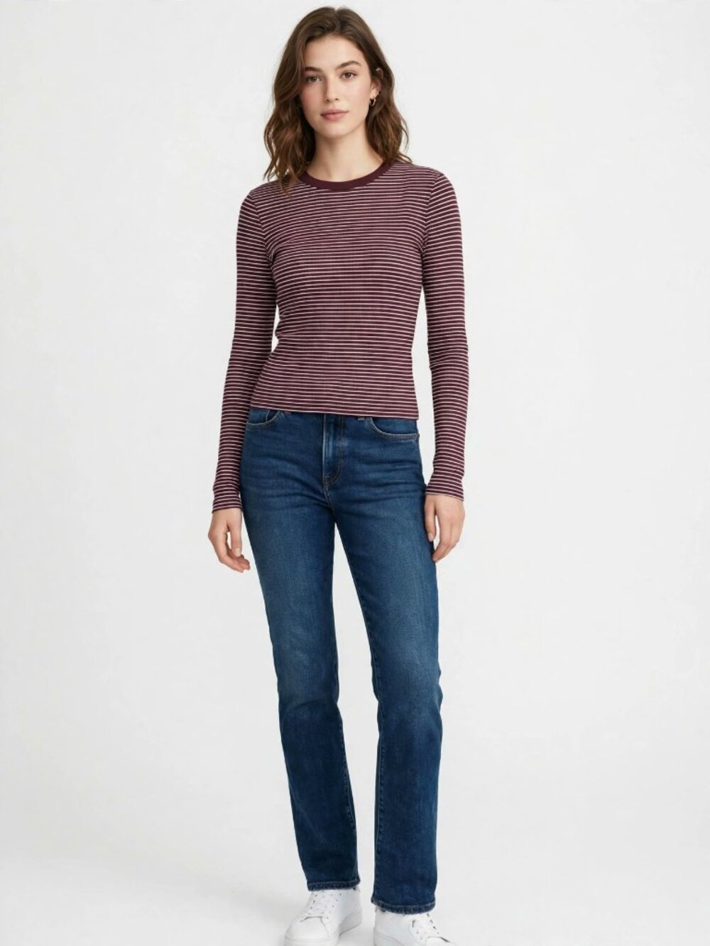 Plum Wine White Striped Ribbed Long Sleeve Top — S